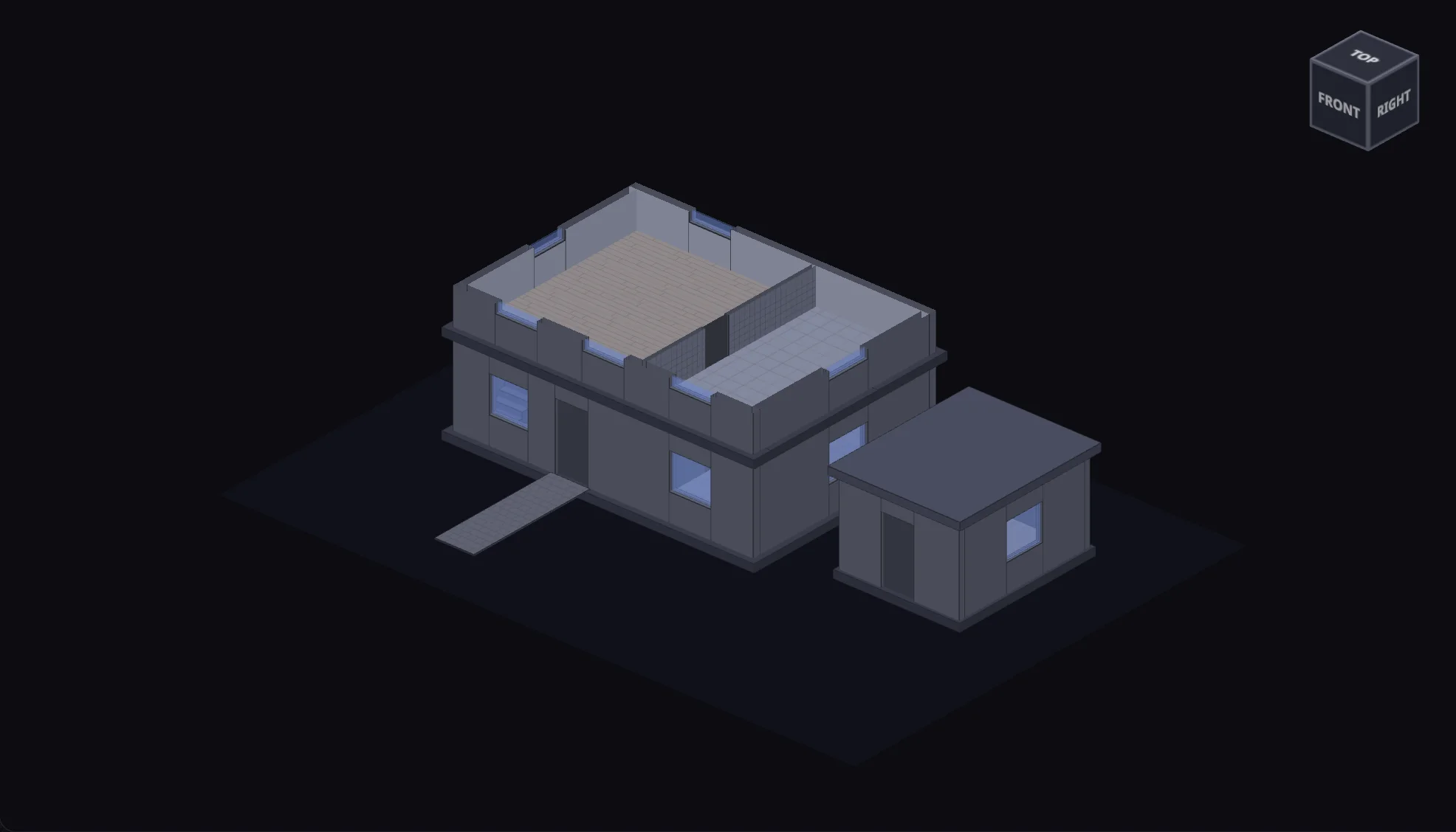The model: a two-storey house cut open at its upper floor, an annex beside it, and a garden path in front.